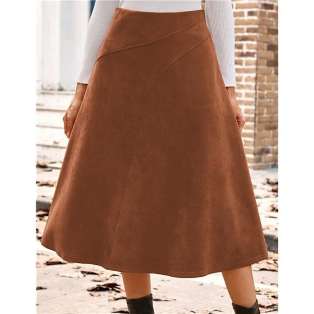 Women's Suede Skirt High Waist A-Line Skirt Winter Midi Skirt - Picture 2 of 7